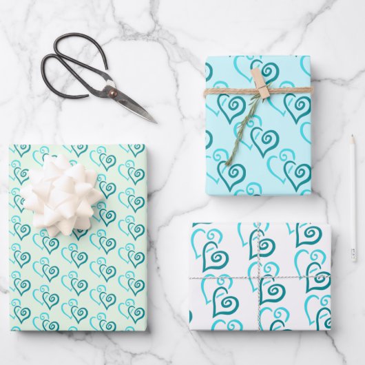Groene Turquoise Linked Heart Pattern Inpakpapier Vel (Voorkant)