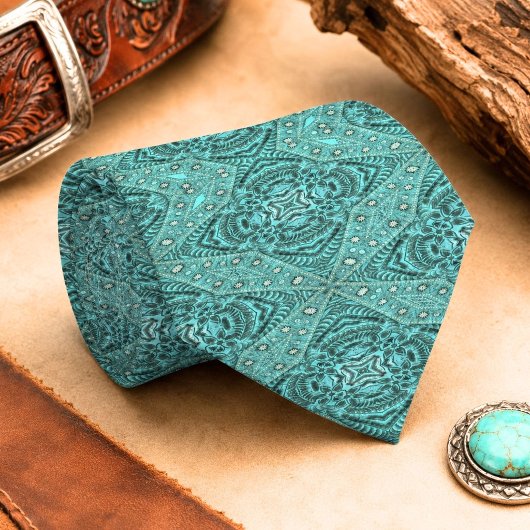 groene turquoise western land Geprepareerd Leer Stropdas