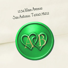 Groene Twee Harten Vervlochten Monogram Trouw Ronde Sticker