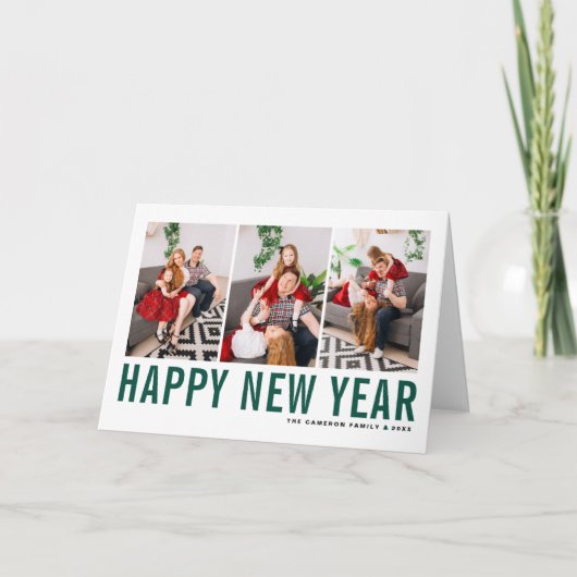 Groene Typografie Foto Collage Happy Nieuwjaar Feestdagen Kaart (Voorkant)
