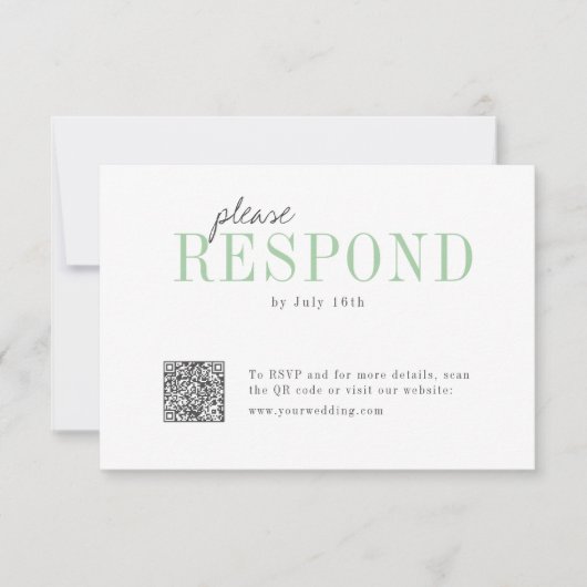 Groene typografie minimalistische QR code bruiloft RSVP Kaartje (Voorkant)