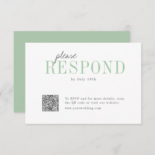 Groene typografie minimalistische QR code bruiloft RSVP Kaartje (Voorkant / Achterkant)