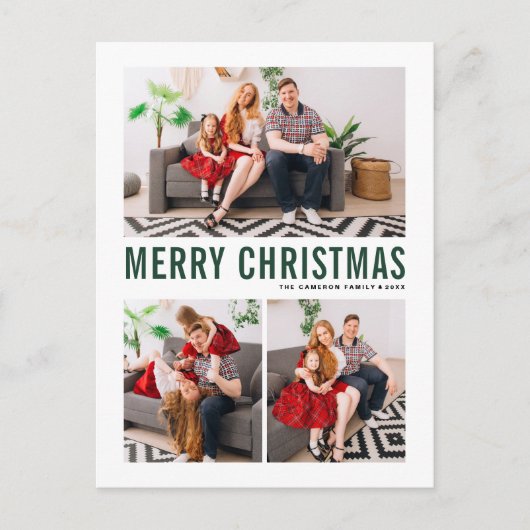 Groene typografie Prettig kerstfeest Drie foto Feestdagenkaart (Voorkant)