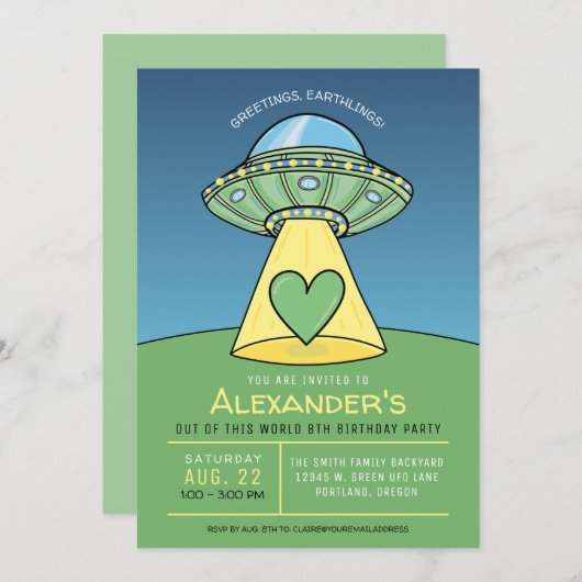 Groene UFO Alien Verjaardagsfeest Uitnodiging (Voorkant / Achterkant)