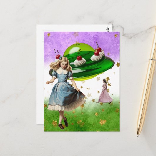 Groene UFO Surreal Sweet Traktatie Briefkaart (Voorkant / Achterkant in situ)