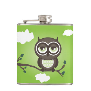 Groene Uil Zittend op een Branch Flask Heupfles