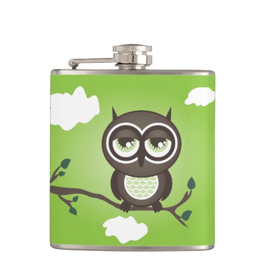 Groene Uil Zittend op een Branch Flask Heupfles (Voorkant)