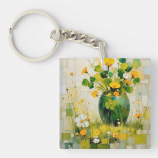 Groene vaas met Ierse bloemen en klavertjes Sleutelhanger