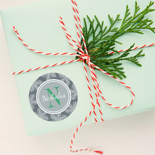 Groene vakantie monogram sneeuwvlok rand ronde sticker