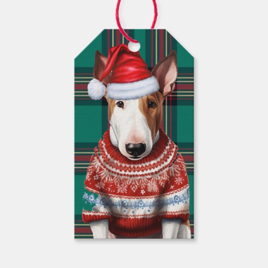 Groene Vakantie Plaid Bull Terrier Hond Kerstmis Cadeaulabel (Voorkant)