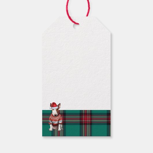 Groene Vakantie Plaid Bull Terrier Hond Kerstmis Cadeaulabel (Achterkant)
