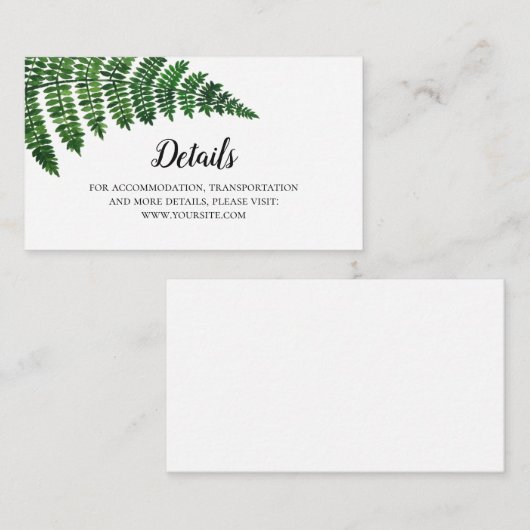 Groene varen bruiloft details. Zomer bruiloft invo Informatiekaartje (Voorkant / Achterkant)