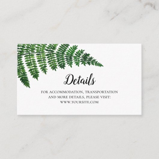 Groene varen bruiloft details. Zomer bruiloft invo Informatiekaartje (Voorkant)