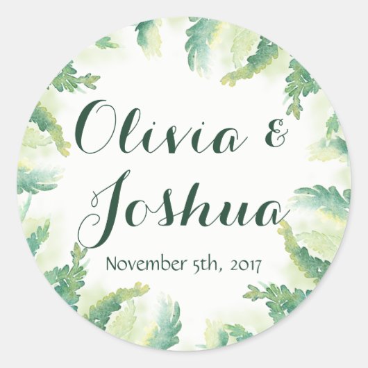 Groene Varen Waterverf Trouwstickers Ronde Sticker (Voorkant)