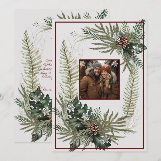 Groene varens dennenappels Sneeuwvlokken Feestdagenkaart (Voorkant / Achterkant)