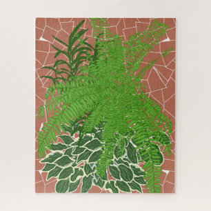 Groene varens en hosta's op terracotta mozaïek legpuzzel
