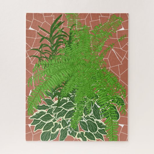 Groene varens en hosta's op terracotta mozaïek legpuzzel (Verticaal)