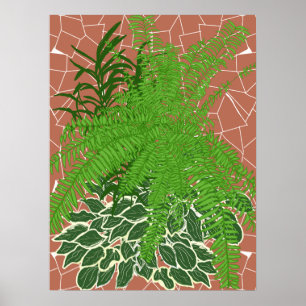 Groene varens en hosta's op terracotta mozaïek poster