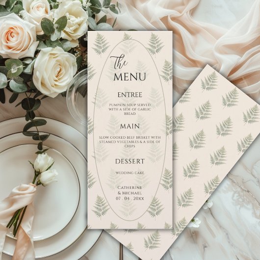 Groene varens omlijsten elegante bruiloft menu