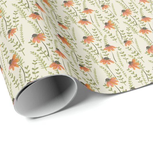 Groene varens, oranje bloemen, natuur. cadeaupapier (Rol Hoek)