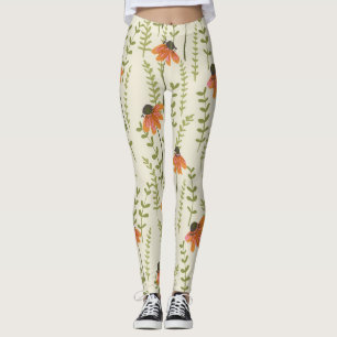 Groene varens, oranje bloemen, natuur. leggings