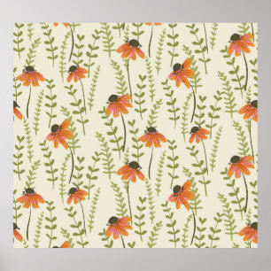 Groene varens, oranje bloemen, natuur. poster