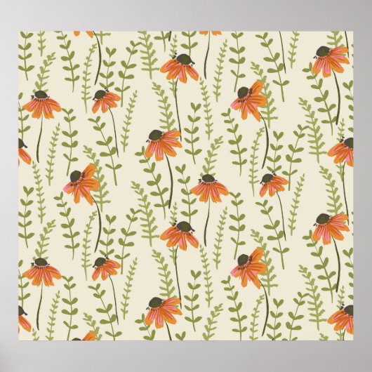 Groene varens, oranje bloemen, natuur. poster (Voorkant)