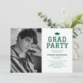 Groene Varsity Foto Afstudeerfeest Kaart (Staand voorkant)