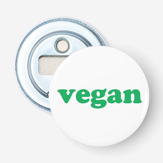 groene " veganletters " , witte achtergrond button flesopener (Voorkant)