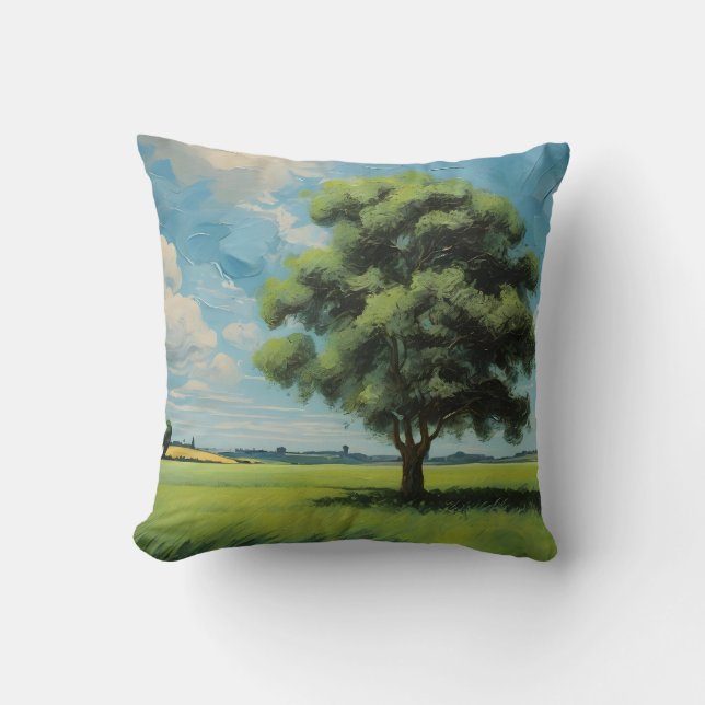 Groene Veldboom en Blauwe Hemel Kussen (Voorkant)