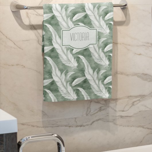 Groene Veren Delicate Grijze Geborduurde Initialen Bad Handdoek