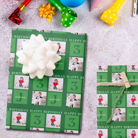 Groene Verjaardag Fotocollage Gepersonaliseerde Ki Inpakpapier Vel