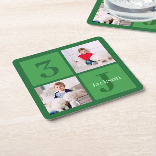 Groene Verjaardag Fotocollage Gepersonaliseerde Pa Kartonnen Onderzetters (Schuin)