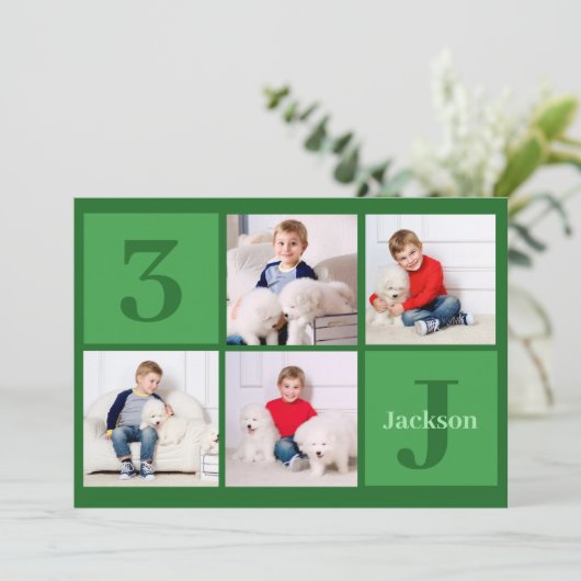Groene Verjaardag Jongen Fotocollage Custom Party Kaart (Staand voorkant)