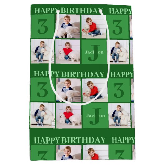 Groene Verjaardag Jongen Fotocollage Custom Party Medium Cadeauzakje (Voorkant)