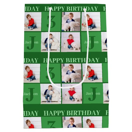 Groene Verjaardag Jongen Fotocollage Custom Party Medium Cadeauzakje (Achterkant)