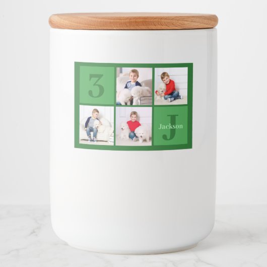 Groene Verjaardag Jongen Fotocollage Custom Party Voedselcontainer Etiket (Voorkant)