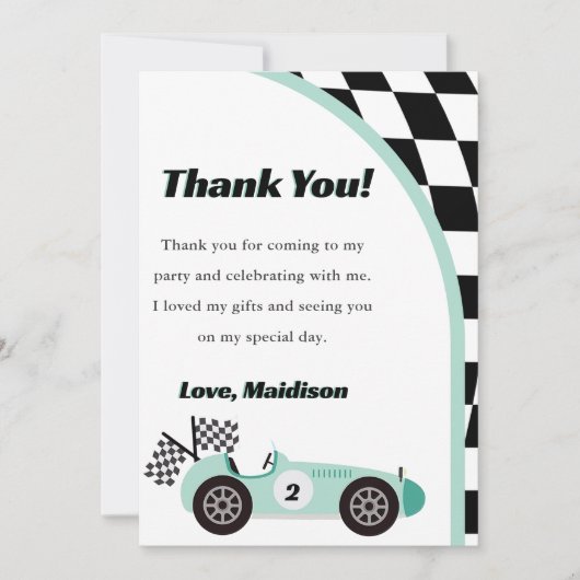 Groene verjaardagskaart bedankt voor raceautothema kaart (Voorkant)