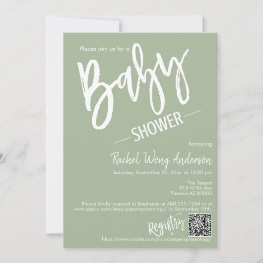 Groene verkleurde script babyfeest QR-code foto Kaart (Voorkant)