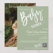 Groene verkleurde script babyfeest QR-code foto Kaart (Voorkant / Achterkant)