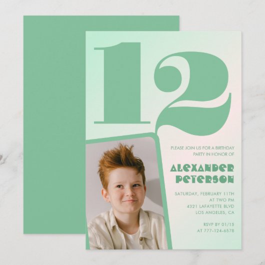 Groene verloop 12e verjaardagsuitnodigingen Jongen Kaart (Voorkant / Achterkant)