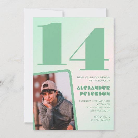 Groene verloop 14e verjaardagsuitnodigingen Jongen Kaart (Voorkant)