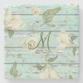 Groene verouderde houten monogram met magnolia's stenen onderzetter (Voorkant)