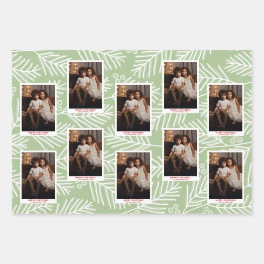 Groene vertakkingen Merry Calligraphy Photo white  Inpakpapier Vel (Voorkant 3)