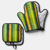 Groene verticale strepen ovenwant & pannenlap set (Voorkant / Achterkant)