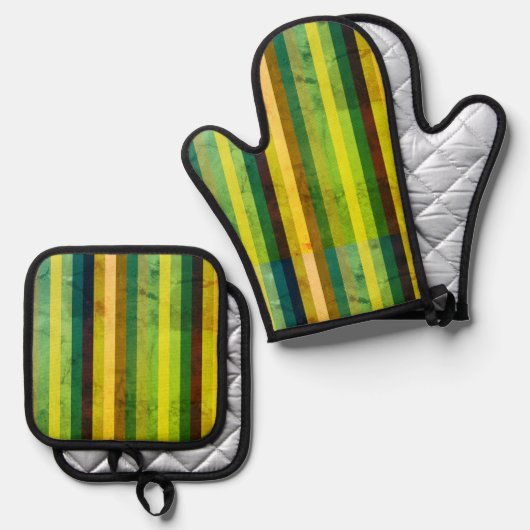 Groene verticale strepen ovenwant & pannenlap set (Voorkant / Achterkant)