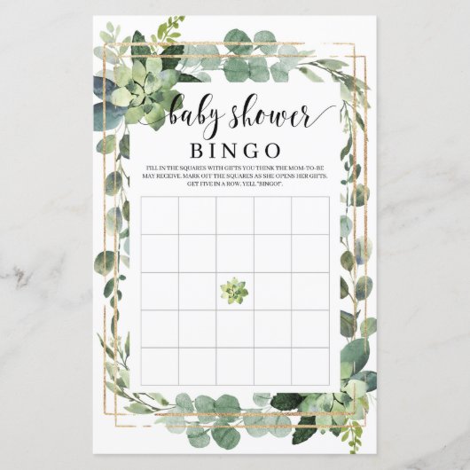 Groene vetplant rustieke baby shower bingo spel (Voorkant)