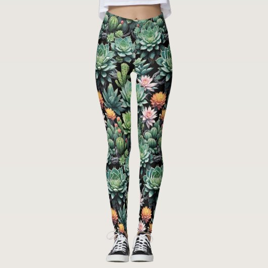Groene vetplanten en bloeiende cactus bloemen zwar leggings (Voorkant)