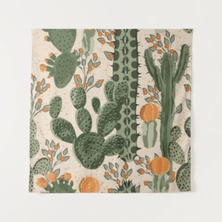 Groene vetplanten, oranje bloemen, strandbehang. wandkleed