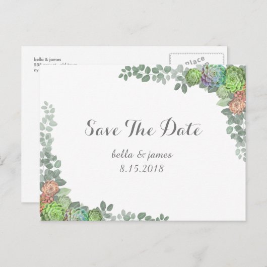 Groene Vetplanten Save The Date Postkaarten Aankondigingskaart (Voorkant / Achterkant)